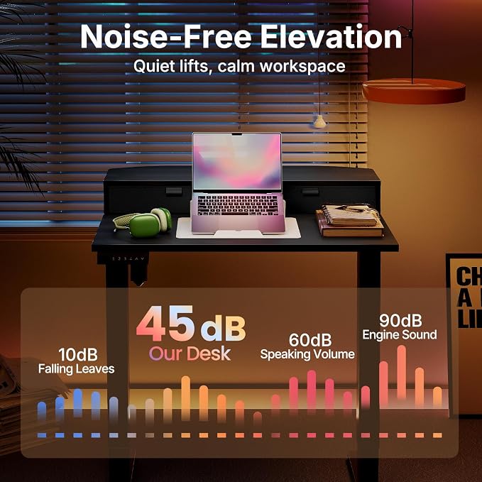HUANUO 32" X 21" Electric Standing Desk with 2 Drawers, C-Clamp Mount Compatible, Height Adjustable Computer Desk, Home Office Stand Up Desk with 4 Preset Heights & 2 Hooks, Black