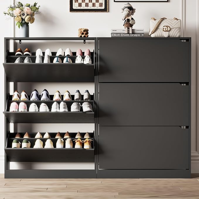 Xixini Shoe Storage Cabinet for Entryway with 3 Flip Drawers, Sturdy Wood Hidden Shoe Storage, Freestanding Narrow Slim Shoe Organizer for Front Door Entrance, Living Room, Hallway, Bedroom, Black