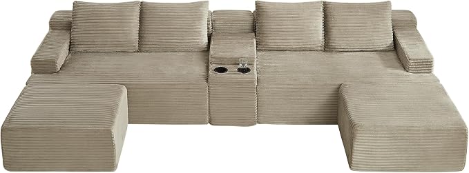 ivoros 140 Inch Modular Sectional Sofa Couch, Oversized Modern Cloud Couch for Living Room, U Shape Couches with 2 Ottomans and Cup Holders, Camel Corduroy Boneless Sofas, Sofa in a Box