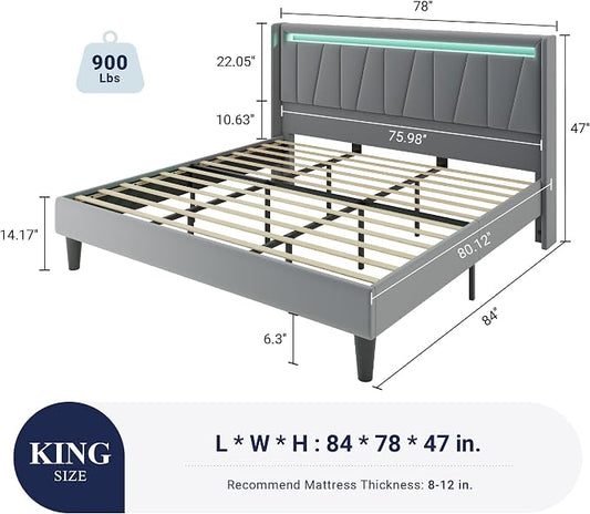 Allewie King Size LED Bed Frame with Charging Station, Velvet Upholstered Platform Bed with Geometric Wingback Headboard, Modern Frame with No Box Spring Needed, Easy Assembly, Grey