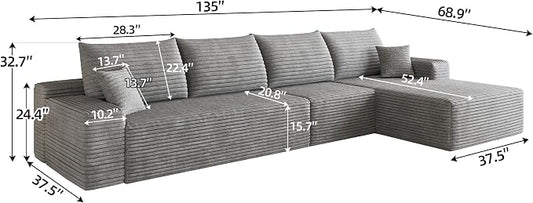 Eafurn 135" Oversized L-Shaped Boneless Sectional Sofa Couch with Chaise, Fluffy Corduroy Modular Couch with Deep Seat,Flexible Combination Corner Sofa & Couch for Living Room, No Assembly
