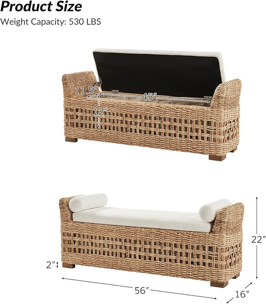 HULALA HOME 56" Rattan Storage Bench, Boho Wicker End of Bed Bench, Natural | Water Hyacinth Frame, Hollow-Carved Design, Armrests and Round Pillows, for Bedroom Entryway Living Room