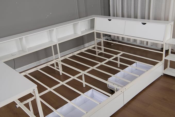 Bellemave Twin Size Corner Bed Frame with Storage Drawers, Bookcase and Side Desk, Twin Corner Bed with Light and Charging Station, Daybed for Bedroom, Living Room, Guest Room White