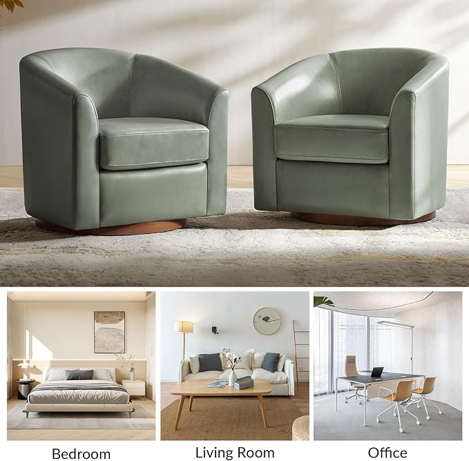 HULALA HOME Genuine Leather Swivel Barrel Chairs Set of 2, Round Swivel Accent Chairs with Solid Wood Base, Leather Barrel Accent Chair for Living Room, No Assembly Required, Sage