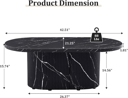 Oval Coffee Table, Modern Faux Marble Wood Coffee Table, Small Fluted Center Tea Table for Living Room, Black