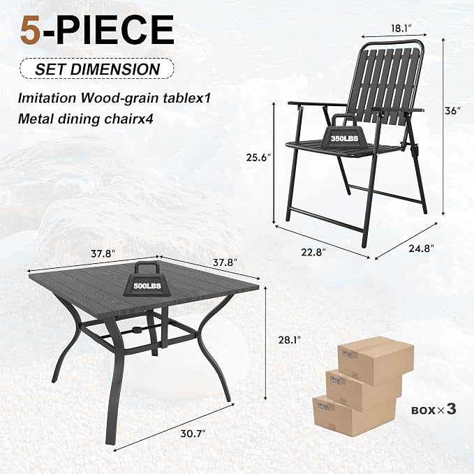 Outdoor Dining Set for 4, Patio Table and Foldable PP Chairs Set with 1.97'' Umbrella Hole, 5pcs Patio Furniture Set 37.8”x37.8” Dining Table Set with No Assembled Chairs for Porch Deck Backyard Pool
