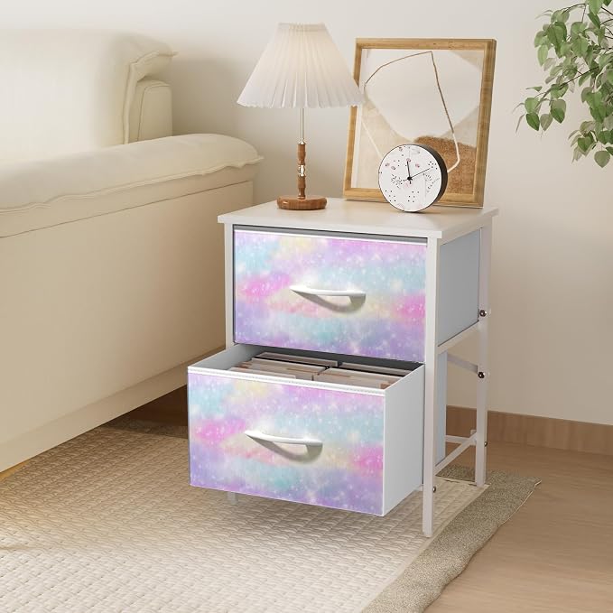 Stero Nightstand Set of 2, Kids Dresser with 2 Drawers, Steel Frame Bedside Furniture, Wood Top Fabric Night Stand, Colorful End Table for Home, Bedroom, Office, Tie-dye White