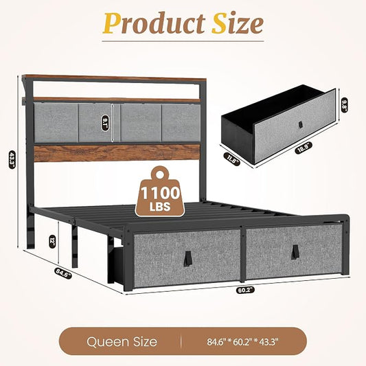 Upholstered Queen Bed Frame with 2-Tier Storage Headboard, Metal Platform Bed with Charging Station, Queen Size Bed Frame with 2 Under Bed Storage Drawers, No Box Spring Needed, Noise-Free