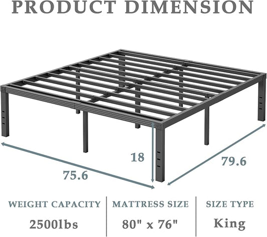 FSCHOS King-Size Bed-Frame / 18 Inch Metal Platform Bed Frame King/Reinforced Steel Slats Support/Heavy Duty Mattress Foundation/No Box Spring Needed/Easy Assembly/Noise Free/Black