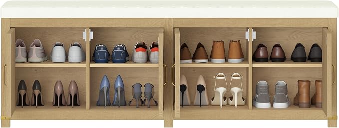 Hzuaneri Shoe Storage Bench, 2 Tier Shoe Bench with Padded Seat Cushion & 4 Barn Doors, 59" Entryway Bench with Adjustable Shelf, Farmhouse Shoe Cabinet for Living Room, Bedroom, Camel Yellow SB31502M
