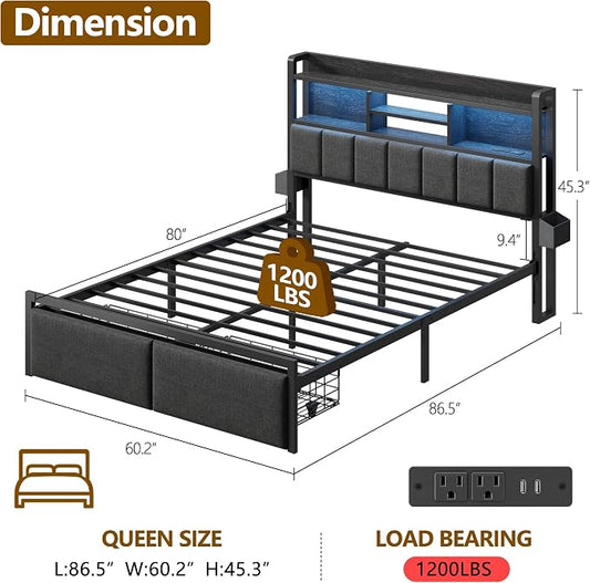 Furnulem Queen Bed Frame with Storage Drawers, Upholstered Headboard with LED Light & Charging Station, Metal Platform Bed Frame Queen Size, Noise Free, No Box Spring Needed, Black (1200 lbs Capacity)
