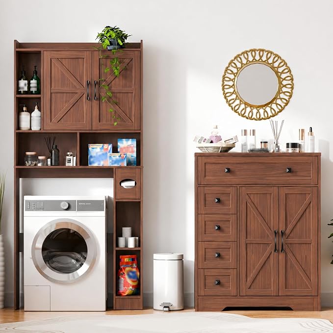Vabches Farmhouse Storage Cabinet with 2 Doors and 5 Drawers, Freestanding Bathroom Cabinets Kitchen Pantry, Floor Storage Cabinet Hutch Cupboard for Living Room/Bathroom/Kitchen. Walnut