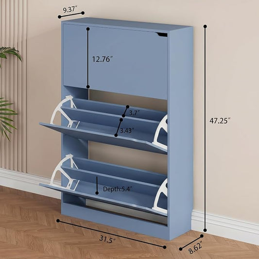 Shoe Storage Cabinet, Wood Shoe Organizer for Entryway with 3 Flip Drawers, Freestanding Shoe Rack with Adjustable Shelf, Narrow Shoe Dresser for Front Door Entrance (Blue, Standard 3 Drawers)