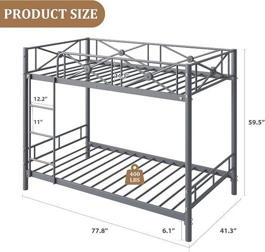 Garvee Metal Bunk Bed Twin Over Twin, Industrial Bunkbeds Heavy Duty Bed with Safety Guard Rails and Space-Saving Design, Steel Bed for School, Bedroom, Grey