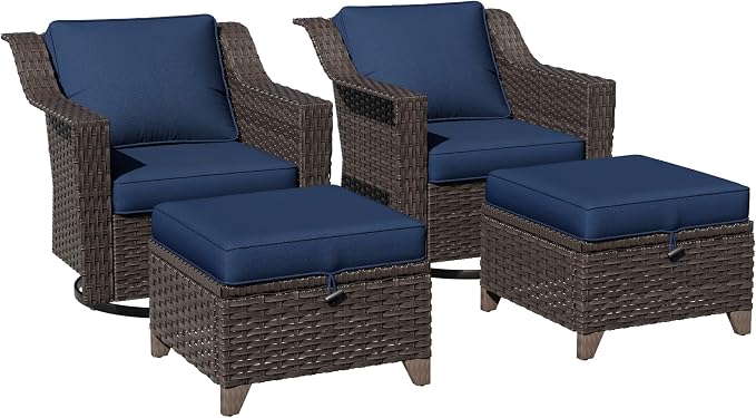 4 Pieces Patio Conversation Furniture Set - 2 Swivel Chairs, 2 Ottomans, Outdoor Wicker Furniture with Removable Cushions for Porch, Balcony, Sunroom (Blue)