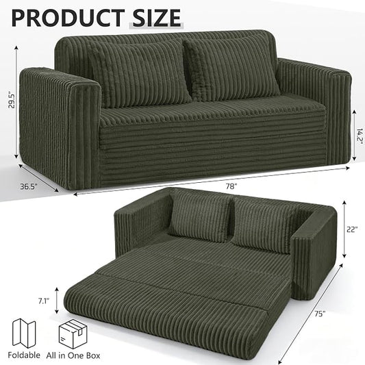 HABUTWAY 78" Loveseat Boneless Couch, 4-in-1 Convertible Sofa Bed, Plush Fur Folding Futon Sofa Bed Couches with 2 Pillows for Living Room, High-Density Foam Support, No Assembly Required, Green