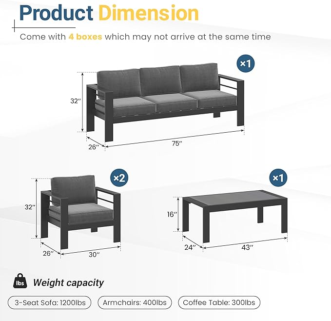 Solaste Aluminum Patio Furniture Set for All Weather, Oversized Metal Outdoor Furniture Set with 27.5" Deep Seating and 3.2" Wide Armrest, Patio Conversation Set with 5" Cushion, Black and Grey