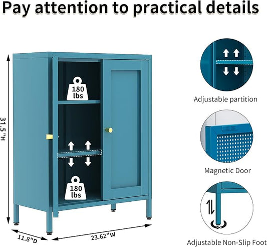Blue Metal Storage Cabinet with 2 Doors - 31.5''H Bathroom Floor Storage Cabinet, 3 Tier Locker with Adjustable Shelves, Bathroom Cabinet for Office, Home, Living Room, Kitchen