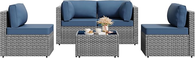 Vongrasig 5 Pieces Outdoor Sectional Furniture, All-Weather Rattan Patio Furniture Set, Wicker Patio Sectional Couch with Cushion, Glass Table, Navy Blue