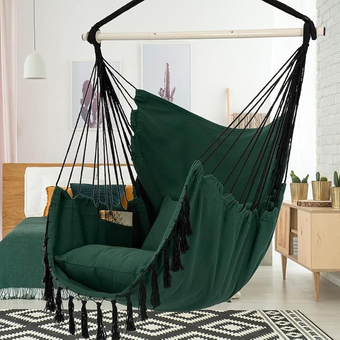 Y- STOP Hammock Chair Hanging Rope Swing, Max 500 Lbs, 2 Cushions Included, Large Macrame Hanging Chair with Pocket for Superior Comfort, with Hardware Kit, Green