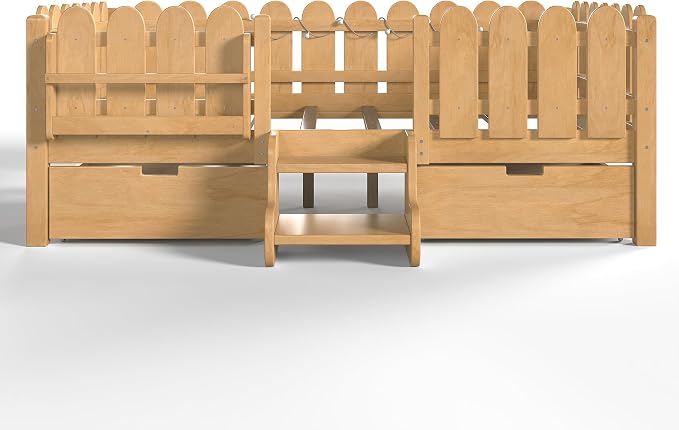 Bellemave Full Size Montessori Bed with Stairs, Lights, Rails and Slats, Full Size Montessori Floor Bed with Bookshelf and 2 Storage Drawers, Easy Assemble Beds Frame for Girls, Boys, Light Natural