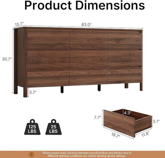 MAISONARIA Walnut 3-Piece Dresser Bedroom Set, 9 Drawers Dresser & 2 Drawer Nightstands with Hidden Handles, Wood Chest of Drawers for Bedroom, Living Room, Entryway