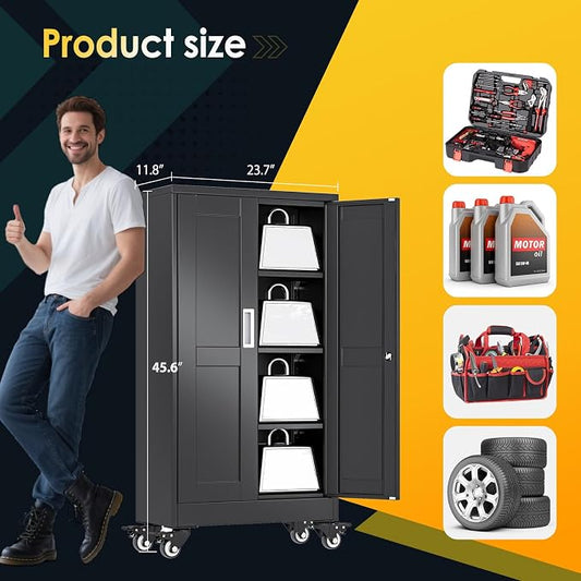 PAOFIN Metal Garage Storage Cabinet with Wheels,Steel File Cabinets with 2 Doors and 3 Adjustable Shelves for Home Office, Warehouse, Required Assembly,Black