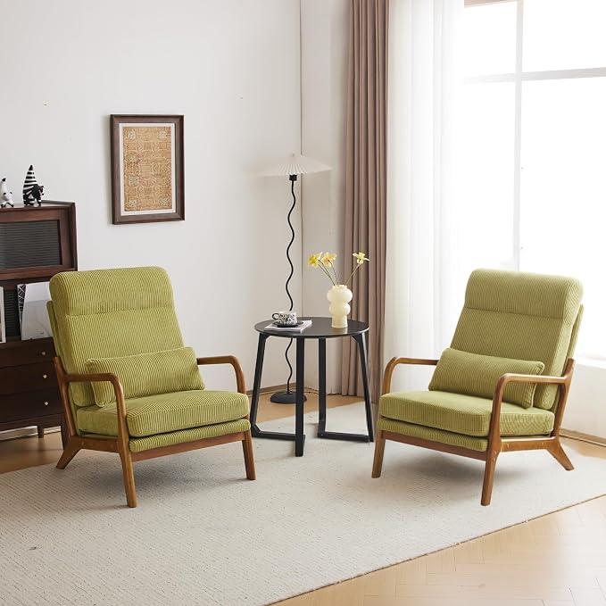 Karl home Accent Chair High Back Mid-Century Modern, Green | Corduroy Upholstered, Walnut Color Solid Rubber Wood Frame, Soft Cushion with Pillow, For Living Room, Bedroom, Balcony
