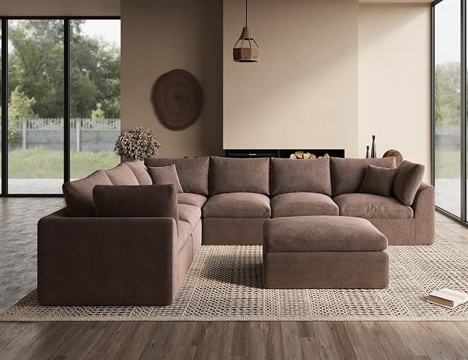 ohllob Oversized Cloud Couches for Living Room, Boneless Sectional Couch with Ottoman, 7 Seater Large Modular Sectional Sofa, Coffee Brown