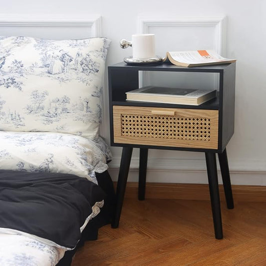 MaxSmeo End Table with Storage Mid Century Nightstand with Rattan Drawer and Shelf, Wood Small Side Coffee Table for Small Space, Living Room and Bedroom, Easy Assembly (Black)