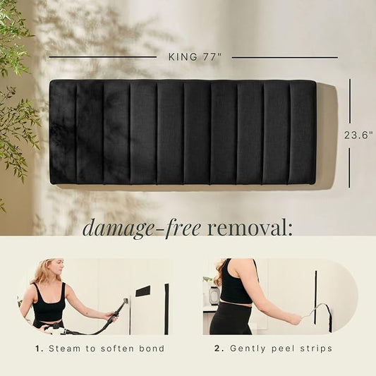 Hearth & Harbor Wall Mounted King Headboard Only, Bed Headboard King Size | Easy Assemble, Floating Peel and Stick, Upholstered, Channel Stitched, 3D Wall Panels, 5 Strips of 3M Tape Included, Black