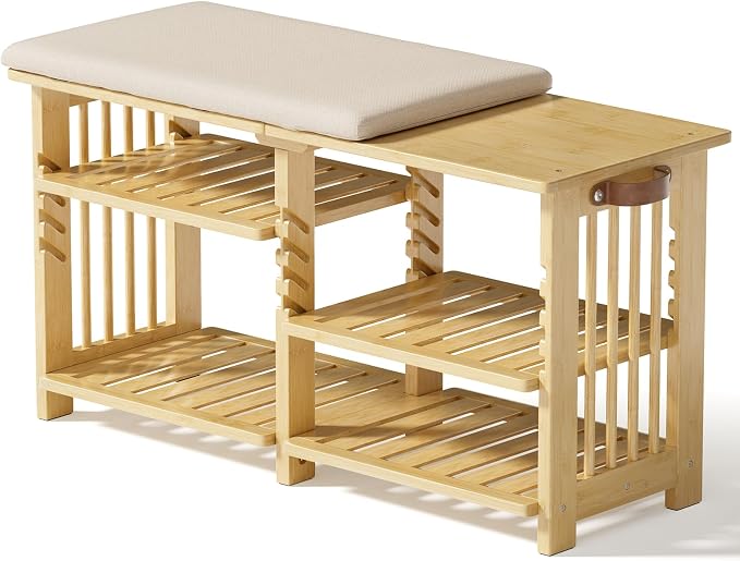 Amazer Bamboo Shoe Rack Bench, 3-Tier Shoe Bench Height Adjustable, Entry Bench with Side Storage Strap, Shoes Organizer Storage Bench, Shoe Shelf with Seat Cushion for Entryway, Living Room, Hallway