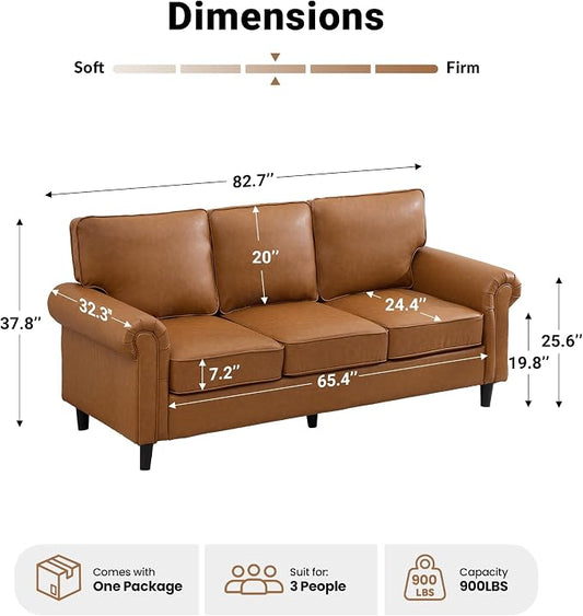 Kingfun Faux Leather 3 Seater Couch, Mid Century Modern Sofa with Rolled Arms and Deep Seats, Fluffy Comfort for Living Room, Apartment, Easy Assembly, Brown
