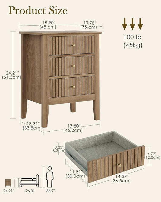 Fluted Nightstand, Vintage Night Stand with 3 Drawers, Mid Century Modern Side Accent Table,Bedside End Table for Bedroom, Living Room, Natural