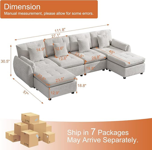 112" U Shaped Modular Sectional Cloud Sofa with 2 Ottomans, Oversized Deep Seat Tufted Chenille 6-Seater Couch with Curved Arms, Upholstered Sofas for Living Room, Light Grey