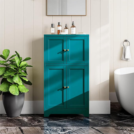 Metal Bathroom Storage Cabinet, Freestanding Pantry Floor Cabinet with 4 Doors and 2 Adjustable Shelves for Living Room, Dining Room, Kitchen (Blue, 43.3" H-4 Doors)