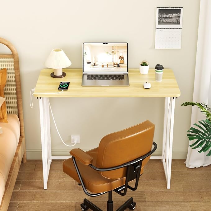 Mini Desk, 31.5" Small Desk for Bedroom with Power Outlet, Foldable Desks for Small Spaces & Home Office, Easy Assembly, Beige Floor Patten