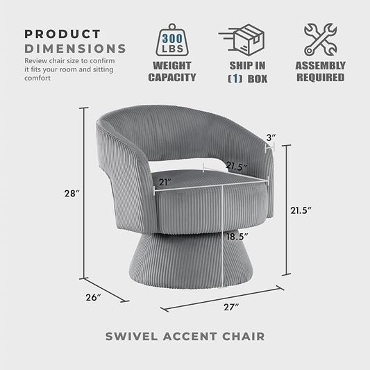 Lexicon 360 Degree Swivel Accent Chair, Modern Comfy Corduroy Round Barrel Chair, Open Back, Plush Foam Cushions, Metal Swivel Base for Living Room/Bedroom/Office/Small Spaces, Dark Gray