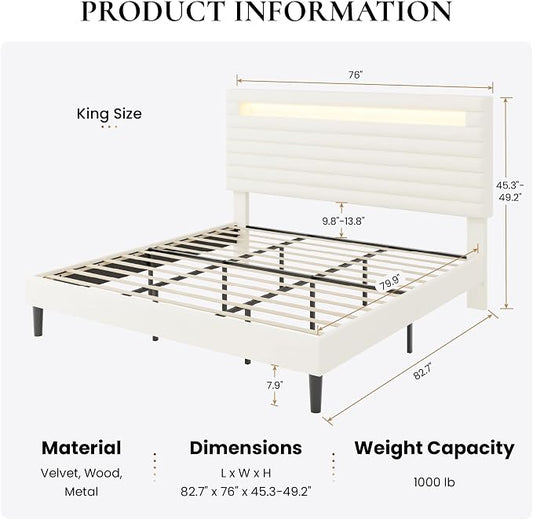 SHA CERLIN King Bed Frame with LED Light & 2-Tier Storage Shelf, Velvet Upholstered Adjustable Headboard with Charing Station, Horizontal Channel Tufted, No Box Spring Needed, Easy Assembly, Cream