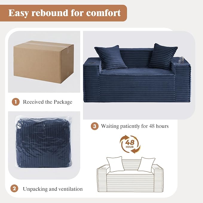 Boneless Sofa Couches with Cup Holder for Compact Living Rooms, Apartments (Blue, Loveseat + 3 Seat Sofa)
