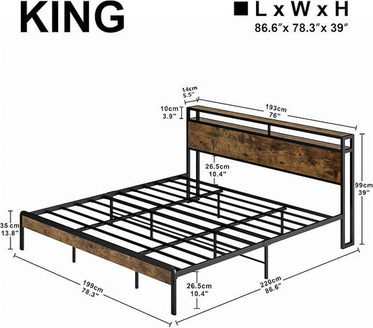 LIKIMIO King Size Bed Frame, Platform Bed with 2-Tier Storage Headboard | Metal Bed Frame, Solid and Stable, Noise Free, No Box Spring Needed, Easy Assembly, Durable, Vintage Brown