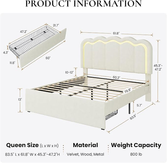 SHA CERLIN Upholstered Queen Size Bed Frame with LED Lights and Large Storage Drawer, Velvet Platform Bed with Adjustable Wavy Headboard, Noise Free, Easy Assembly, No Box Spring Needed, Soft Cream