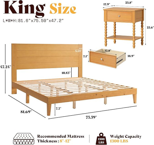 AMERLIFE 3 Piece King Bedroom Set, Solid Wood Platform Bed Frame & Nightstand Set of 2, Mid Century Modern Wooden Bedroom Furniture Set, No Box Spring, Noise-Free, Natural
