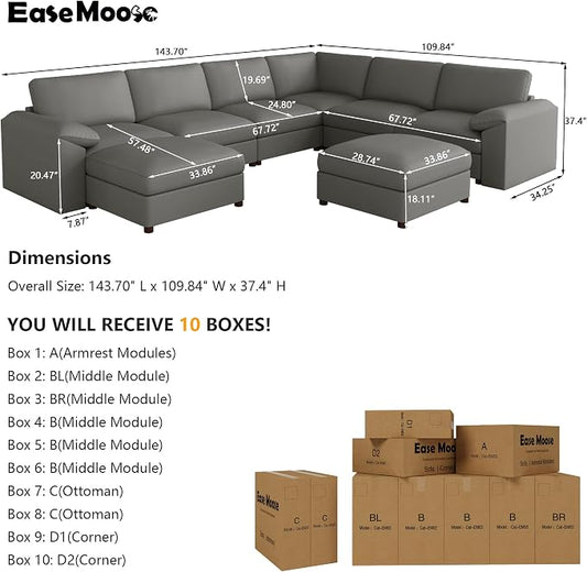 EASE MOOSE Faux Leather Sectional Couch, Oversized Modular Sofa, Modern Comfy Modular Couch, Scratch Resistant Material Sofas, U Shaped Couch for Big Spaces, Grey