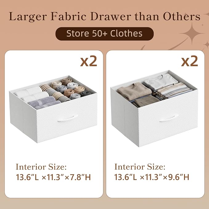 HIGDBFE Tall Dresser 44''H with Hanging Rack, 4 Drawers Small Closet Dresser for Bedroom, Reversible Fabric Chest of Drawers with Clothes Rack, Tall Storage Tower, Sturdy Frame, White