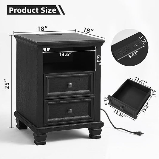 SAVOR LIFE Farmhouse Side Table with Charging Station, Rustic Black Nightstand with Drawers, Bedside Table with Open Shelf for Bedroom, Black