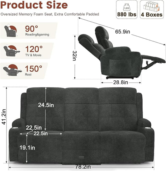 Loveseat Recliner, 3 Seater Massage Reclining Sofa Sets Fabric Recliner Sofa, RV Loveseat Couch Clearance with Drop Down Table, Storage, Cup Holders, Wall Hugger Reclining Couch for Living Room