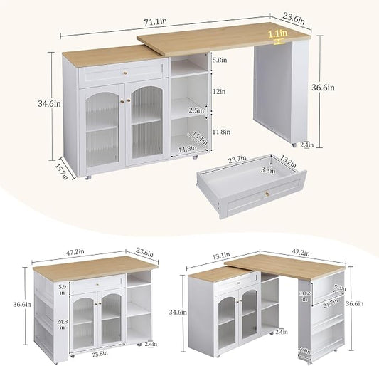 LYNCOHOME 71.1" Rolling Kitchen Island with 360° Rotating Tabletop, Mobile Lockable Wheels & Adjustable Shelves, Multifunctional Storage Cart for Kitchen & Dining(White)