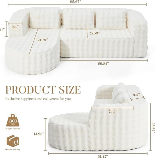 Hobestluk Modular Sectional Sofa Couches L-Shape Couch 3 Seat Modular Sofa Memory Foam Sectional Couches for Living Room, Cloud Couch (Round Eider White, 96", Left Hand Facing)