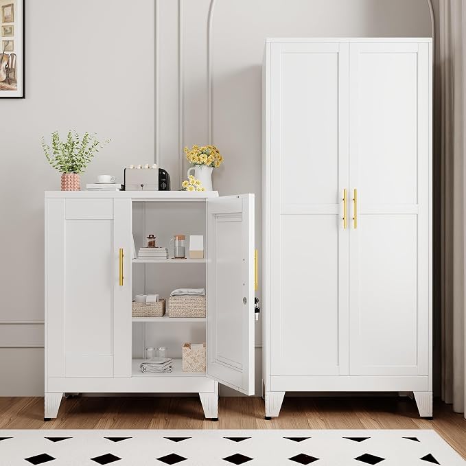 White Metal Storage Cabinet, 36" Tall Locking Storage Cabinet with 2 Adjustable Shelves, Steel Locker Organizer, for Office, Home, School